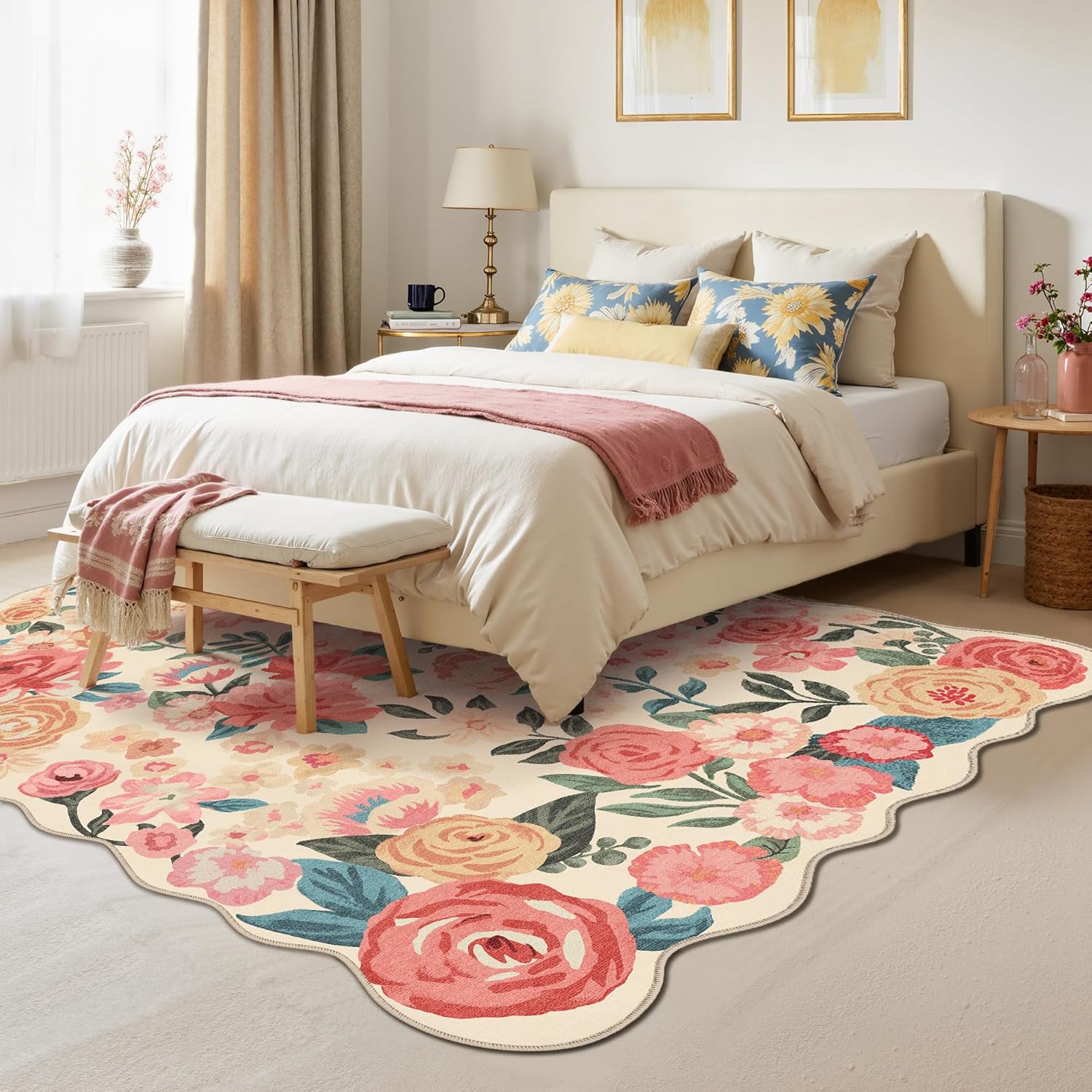 PureCozy Washable Floral 5x7 Area Rug Beige