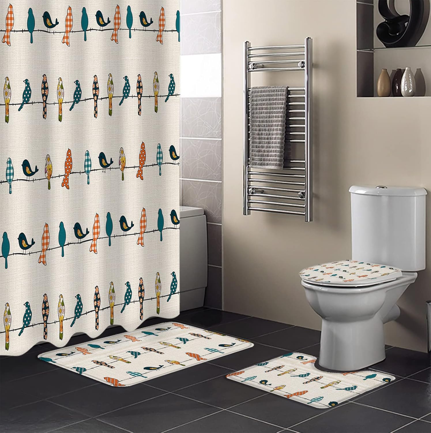 YESOF66 4PCS Bathroom Mat Set with Birds Design