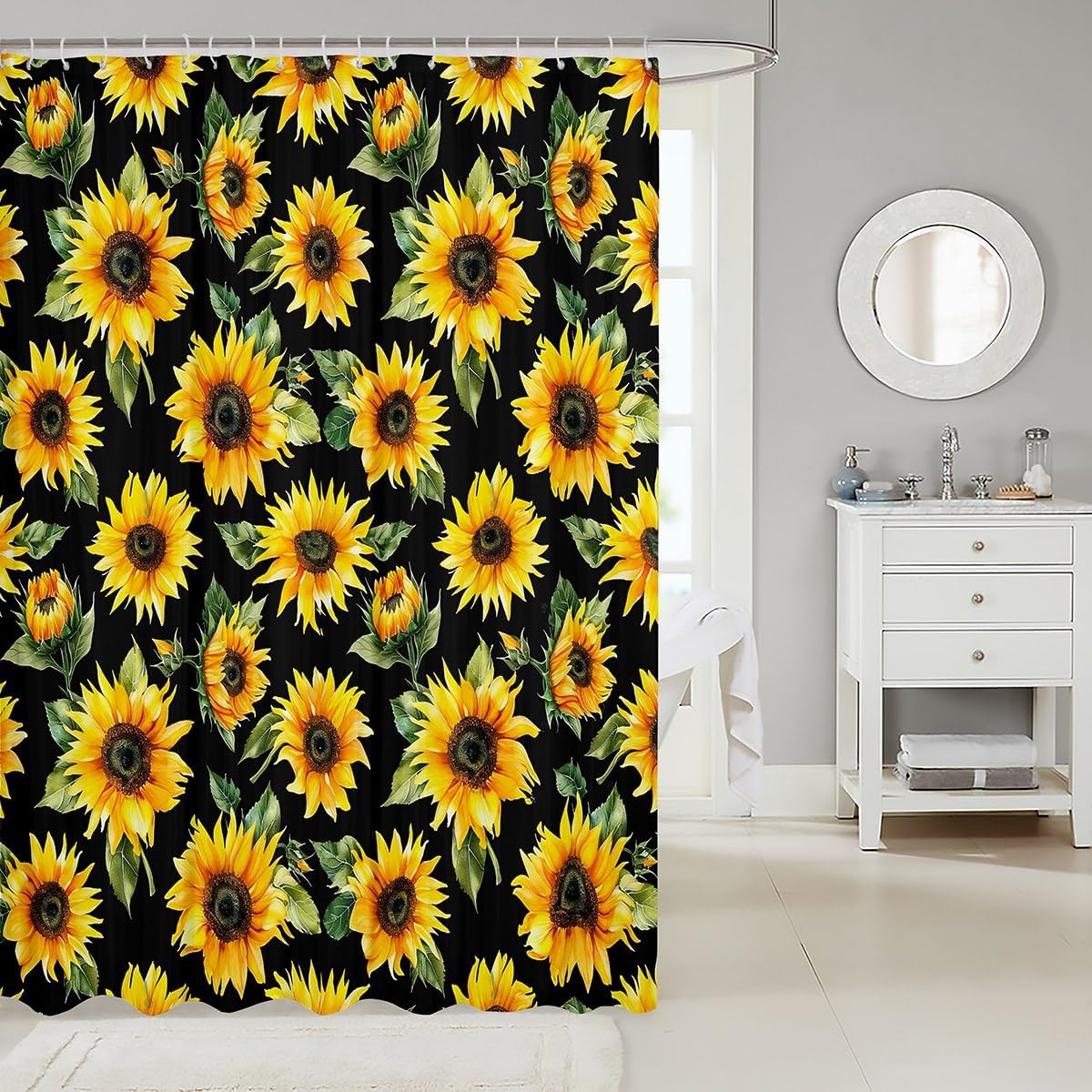 Feelyou Black Sunflowers Bath Curtain Yellow Floral Botanical 72x72