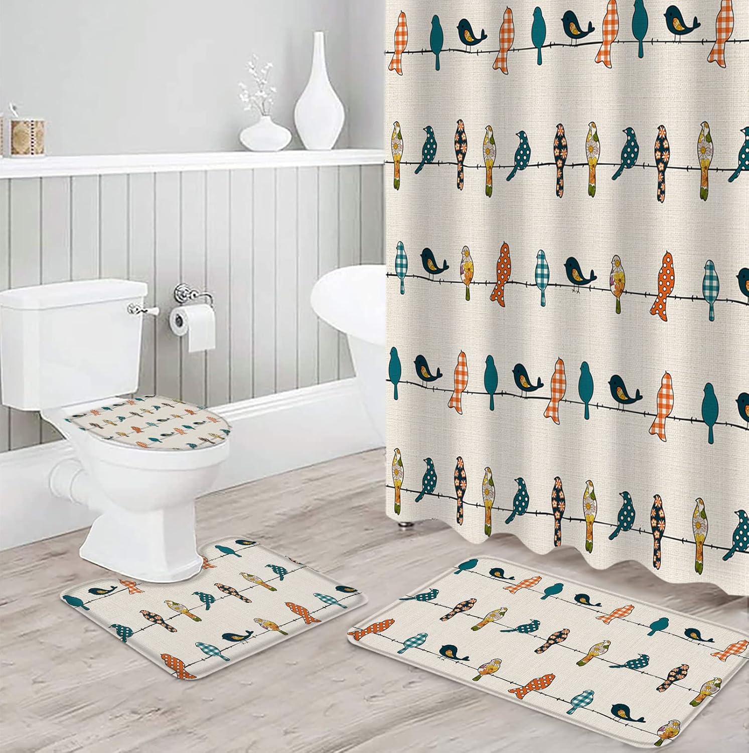 YESOF66 4PCS Bathroom Mat Set with Birds Design