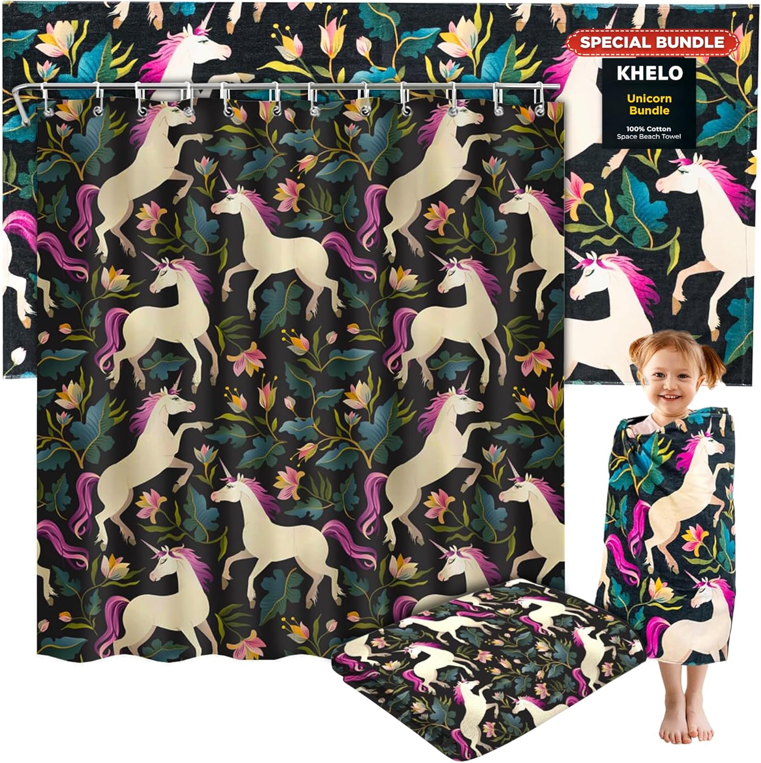 Khelo Kids Unforgettable Unicorn Beach Towel Shower Curtain Set