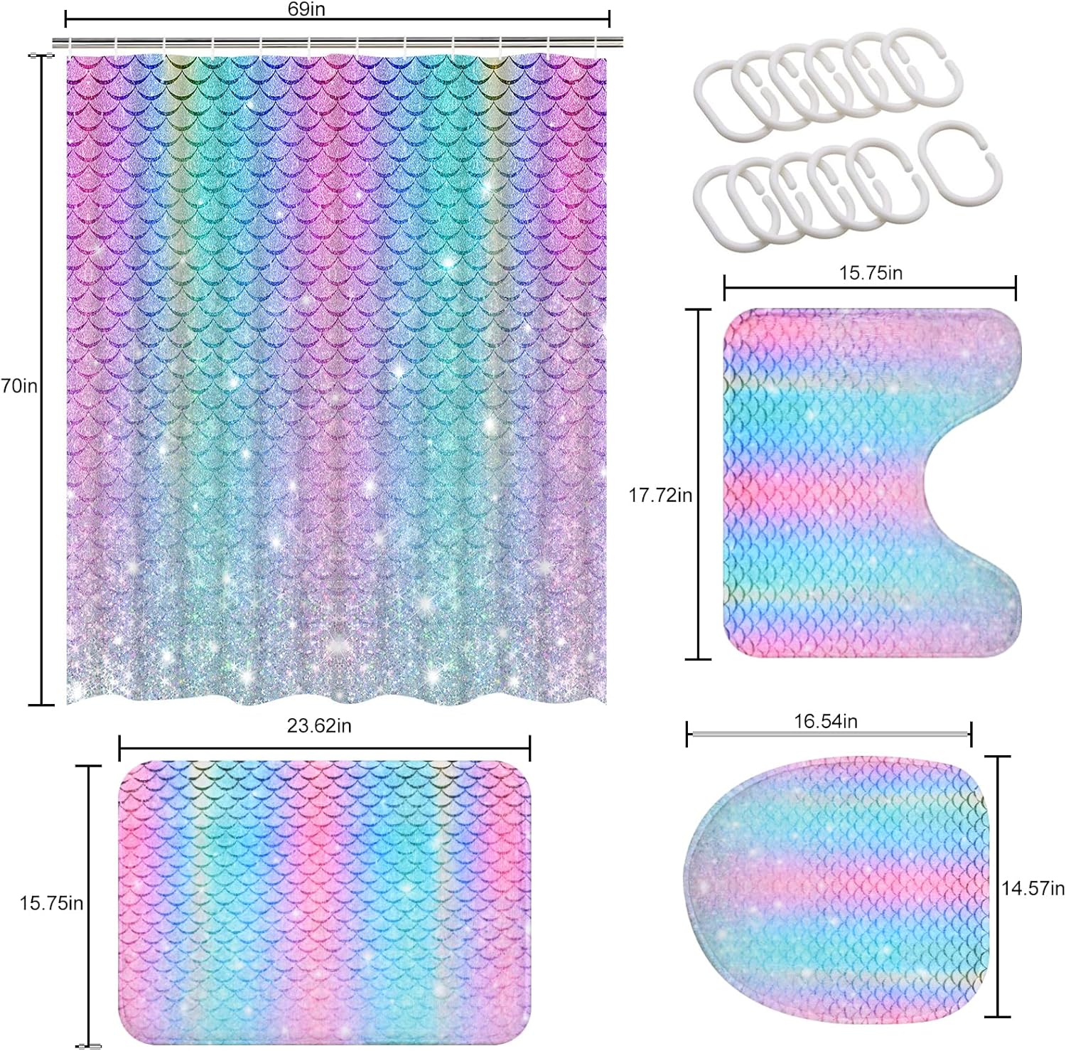 Alishomtll 4-Piece Mermaid Rainbow Kids Bathroom Set with Glitter