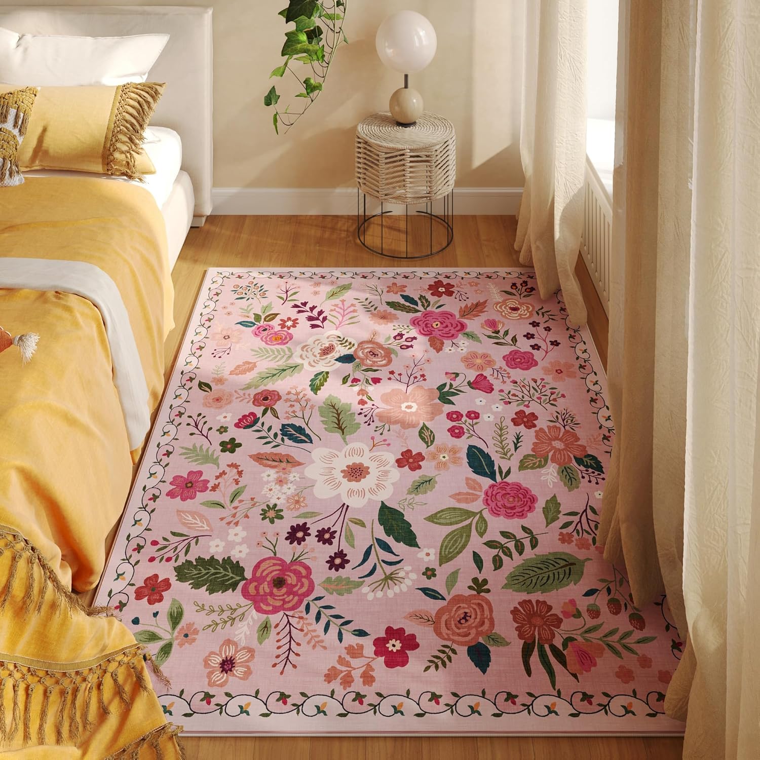 Washable 4x6 Boho Non-Slip Soft Area Rug Pink Living Room