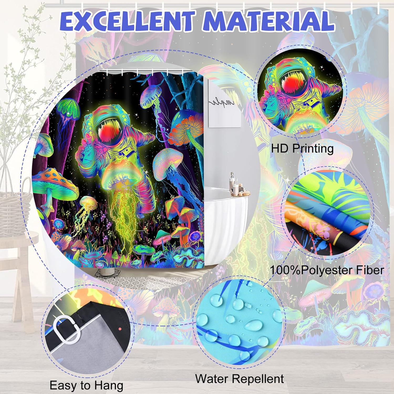 Alishomtll Blacklight Astronaut Kids Shower Curtain Set with Rugs