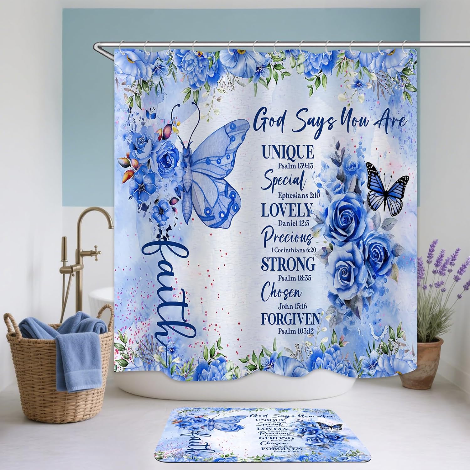 EMHOMEBlue Butterfly Inspirational Quotes 4-Piece Bathroom Set with Rugs Cover Mat