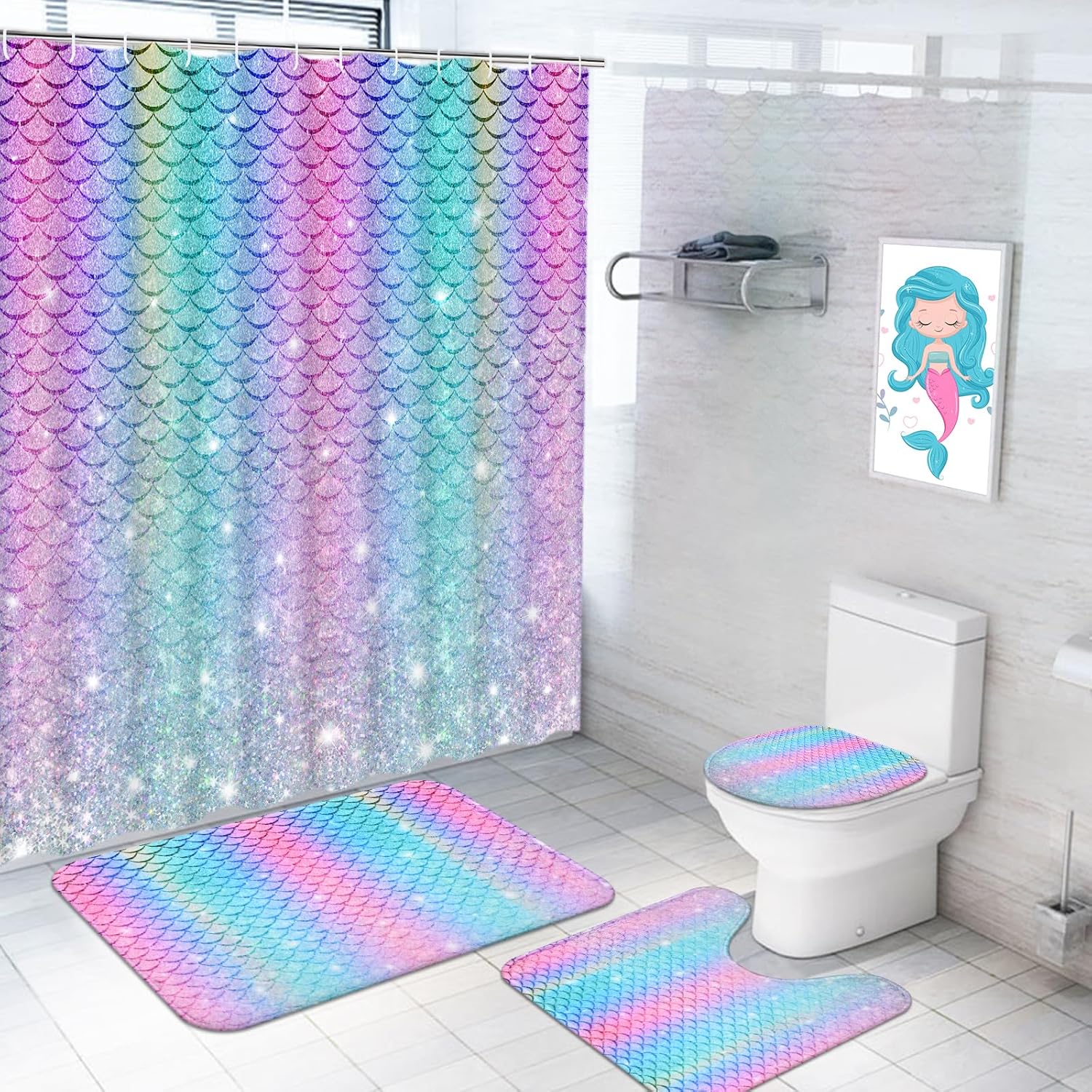 Alishomtll 4-Piece Mermaid Rainbow Kids Bathroom Set with Glitter