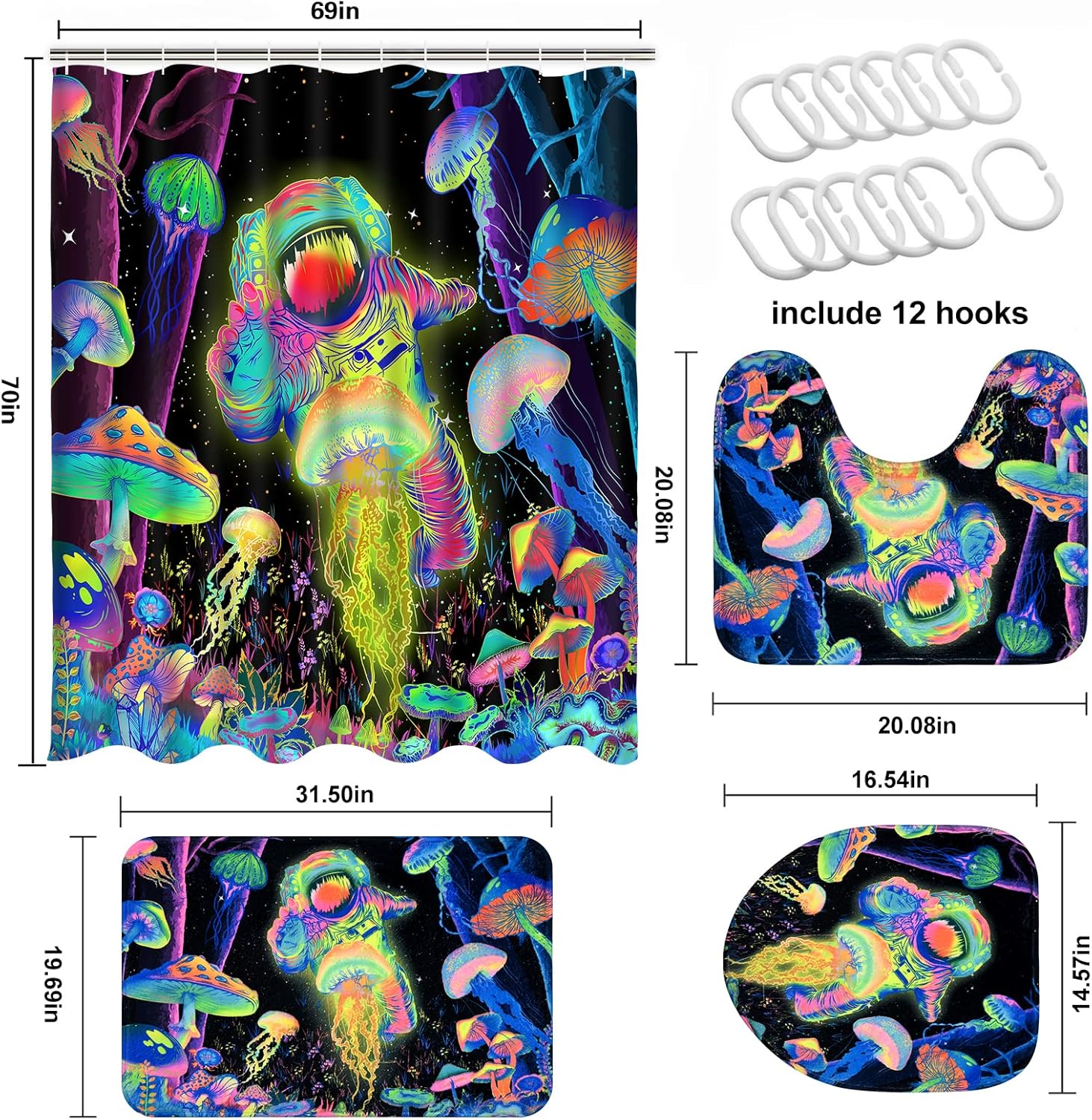 Alishomtll Blacklight Astronaut Kids Shower Curtain Set with Rugs