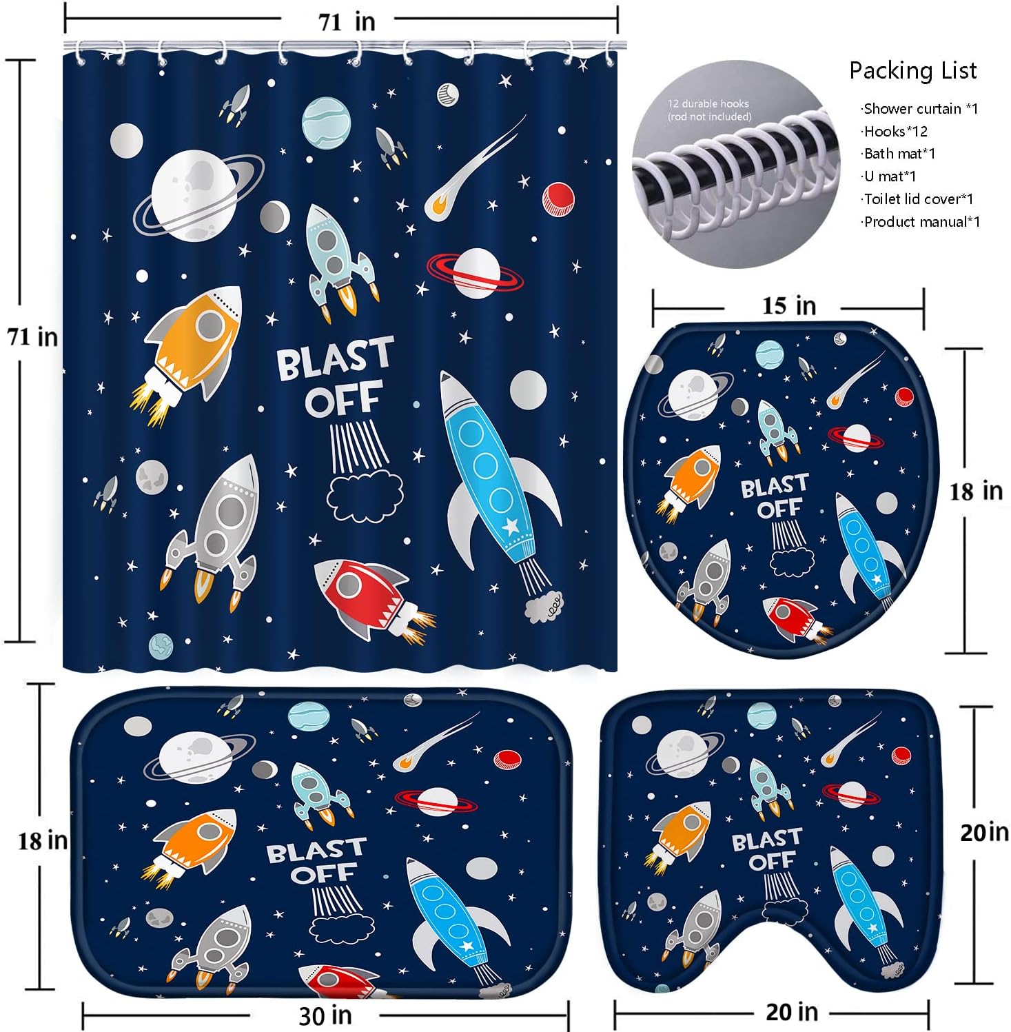 Poedist 4Pcs Cosmic Space Shower Curtain Set with Rugs and Hooks