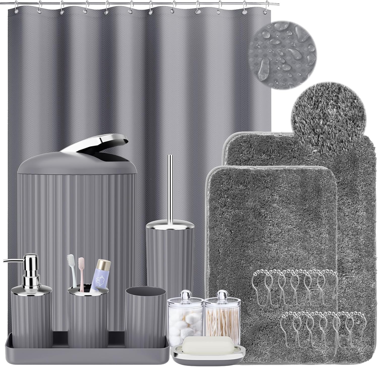 24PCS Gray Bathroom Accessory Set with Shower Curtain Rugs