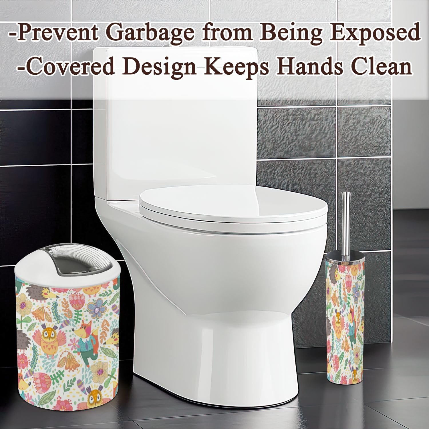JBNJANKDAV 6-Piece Seamless Patterned Bathroom Accessories Set with Fox Owl Design