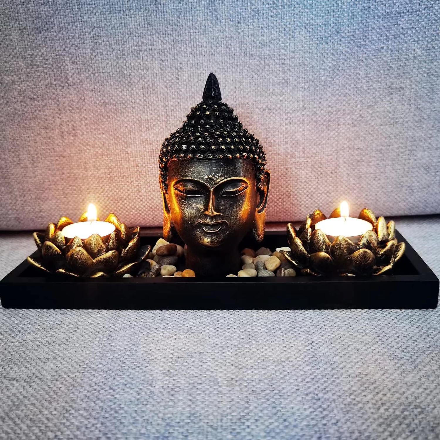 Buddha Head Sculpture Lotus Flower Tealight Candle Holders Zen Garden Set
