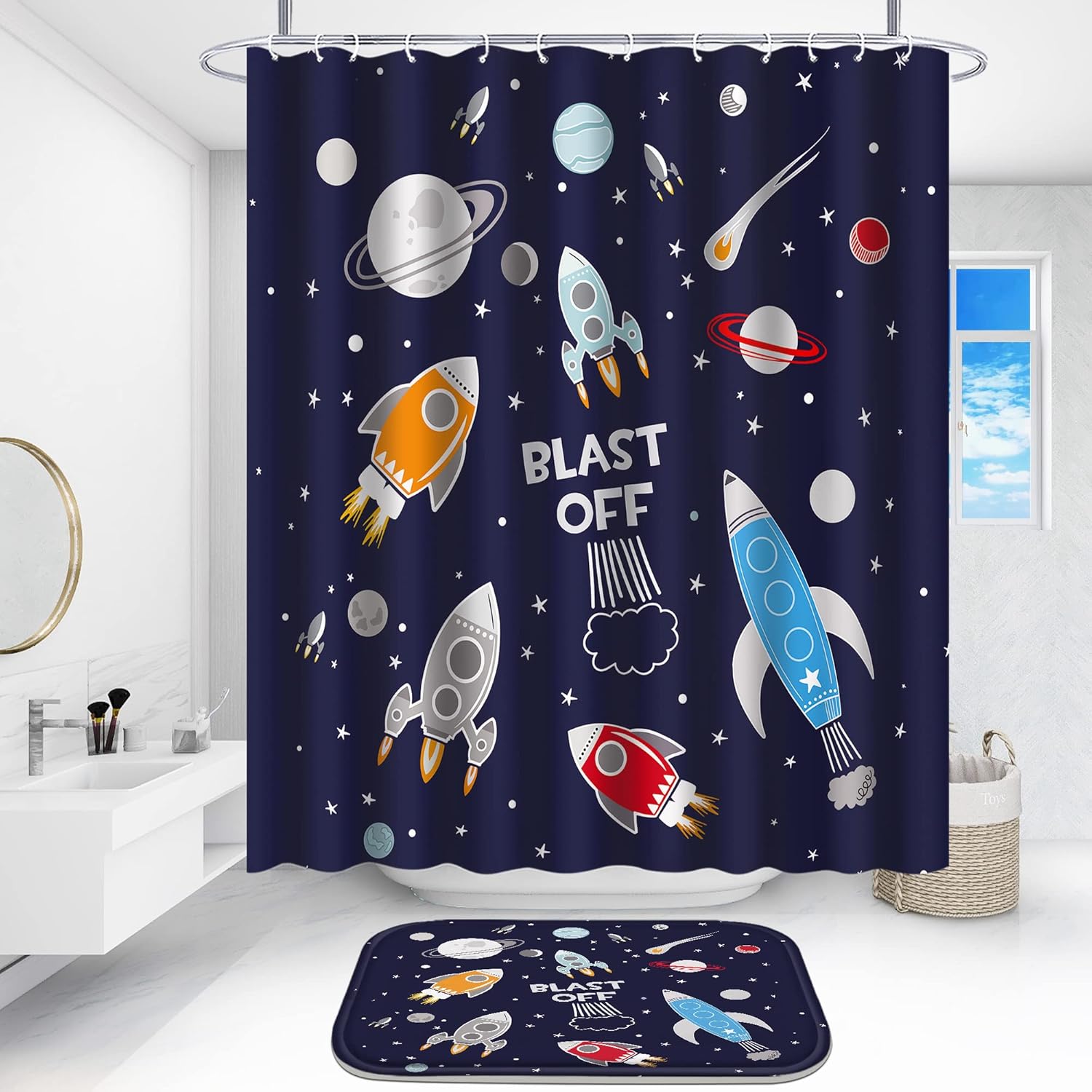 Poedist 4Pcs Cosmic Space Shower Curtain Set with Rugs and Hooks