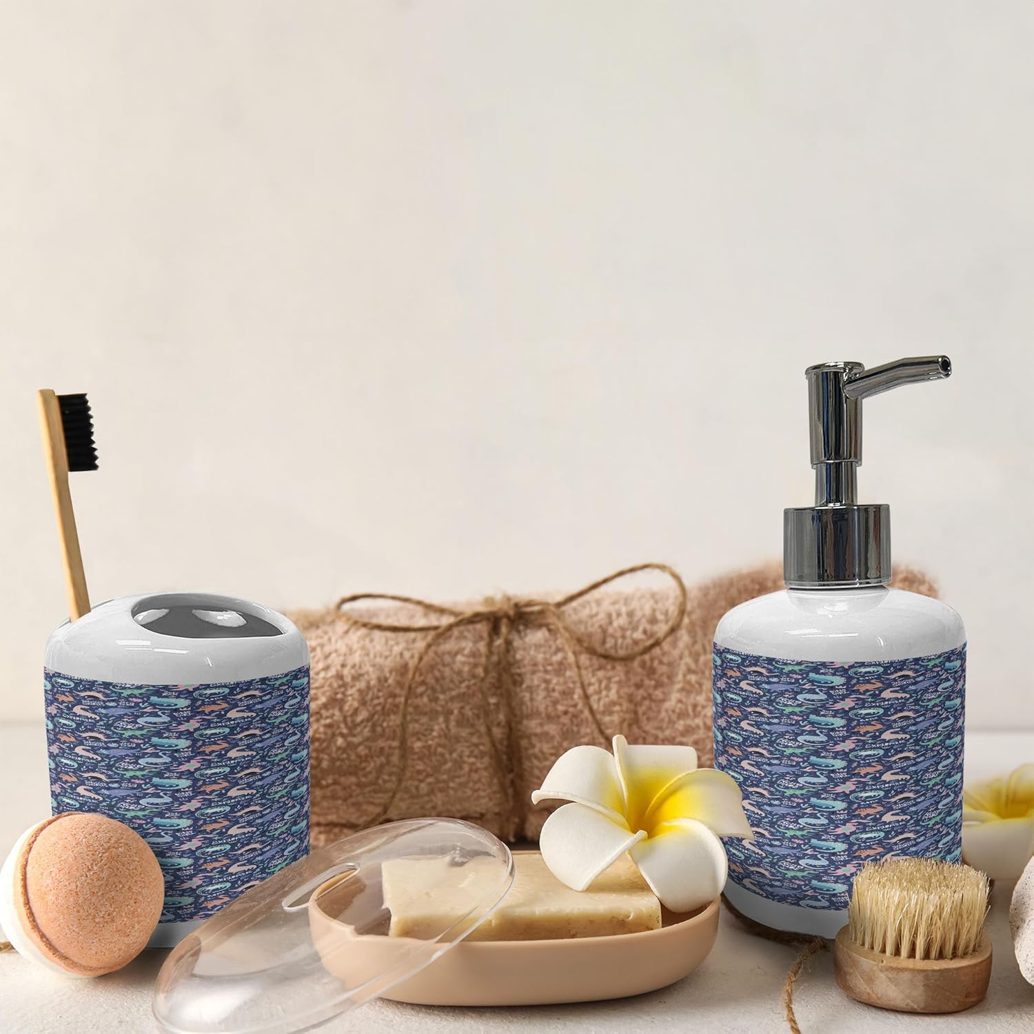 Ambesonne Dinosaur Collection - Ceramic Toothbrush Holder Soap Dispenser Set
