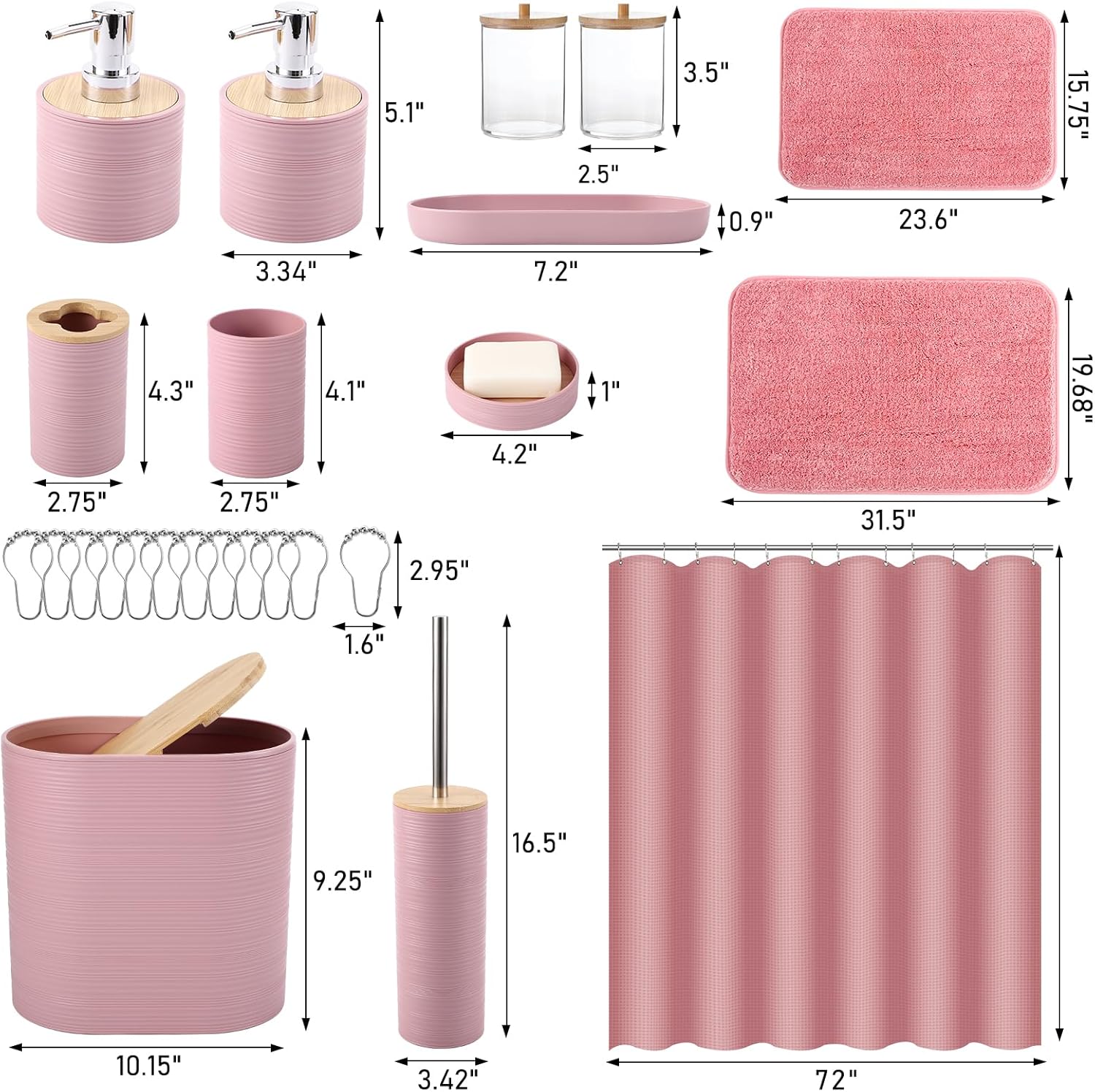Bathroom Set - Pink Bathroom Accessories Set with Shower Curtain and Rugs
