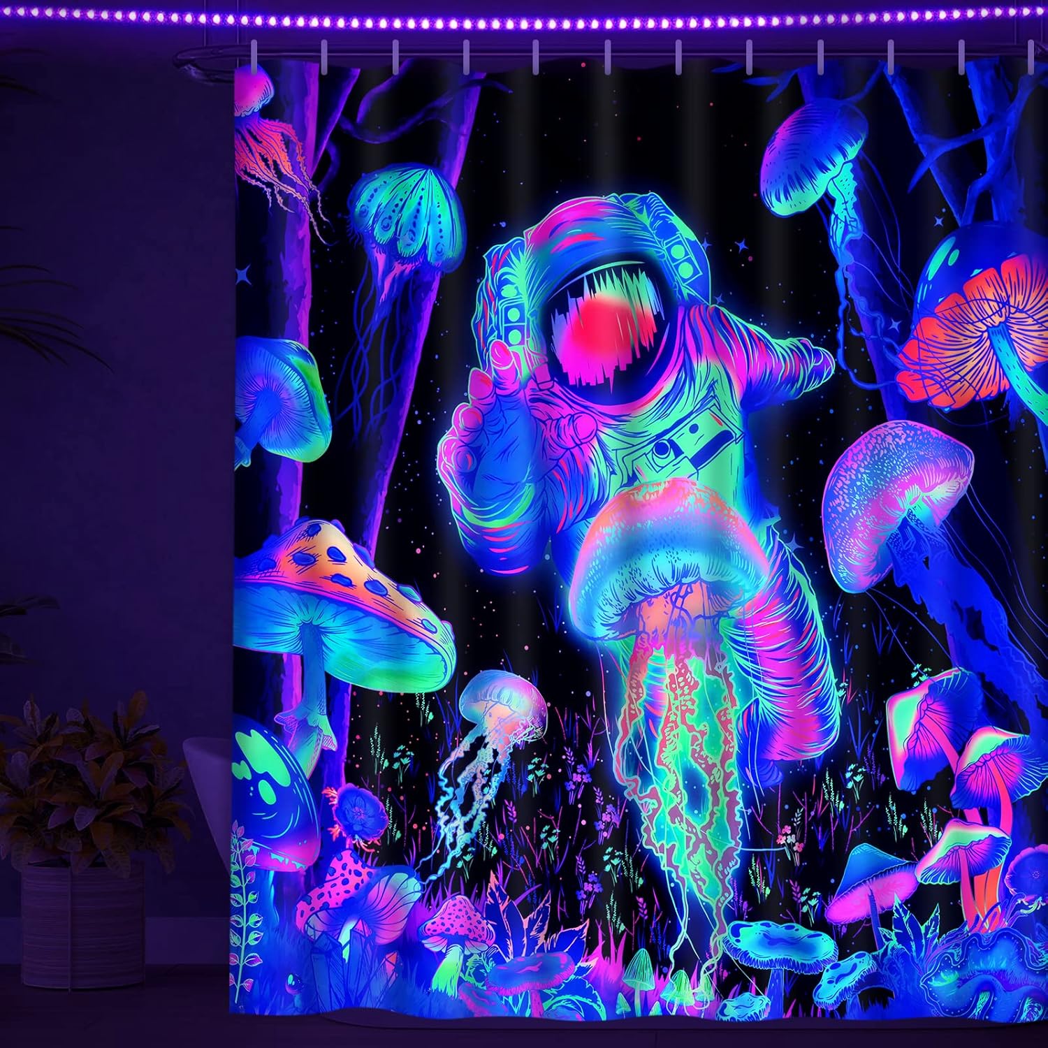 Alishomtll Blacklight Astronaut Kids Shower Curtain Set with Rugs