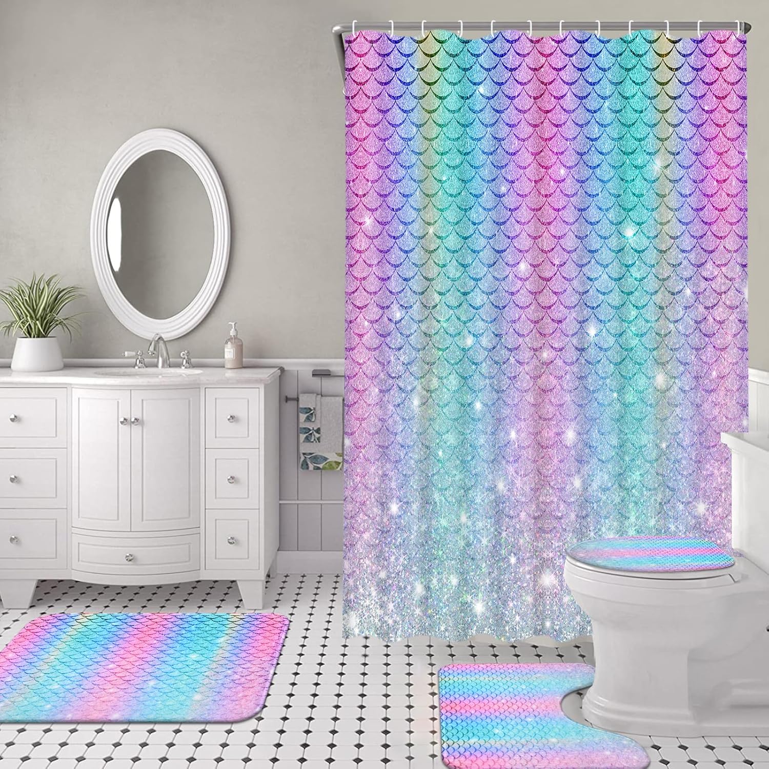 Alishomtll 4-Piece Mermaid Rainbow Kids Bathroom Set with Glitter