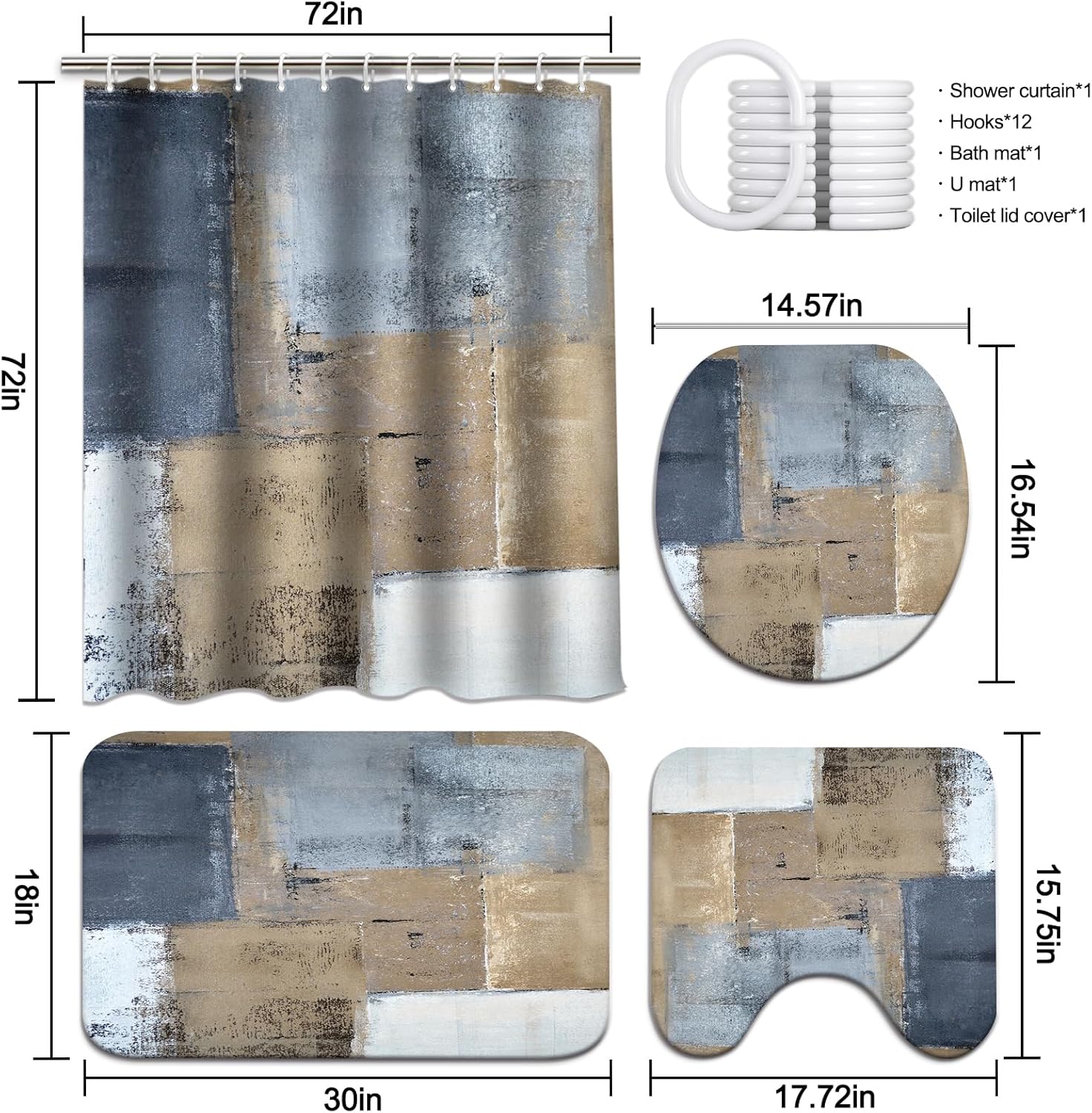 Lnond 4Pcs Bathroom Accessory Set with Shower Curtain and Rugs