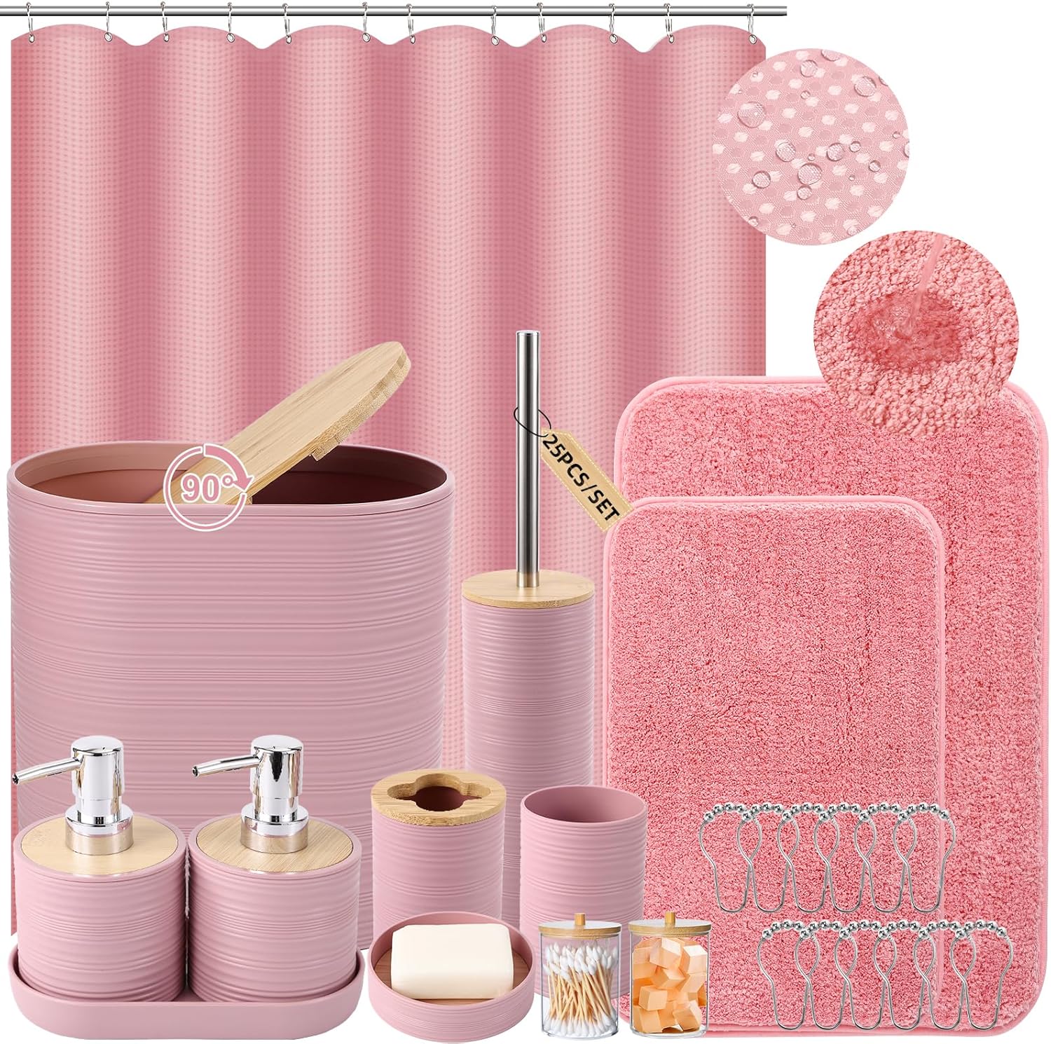 Bathroom Set - Pink Bathroom Accessories Set with Shower Curtain and Rugs