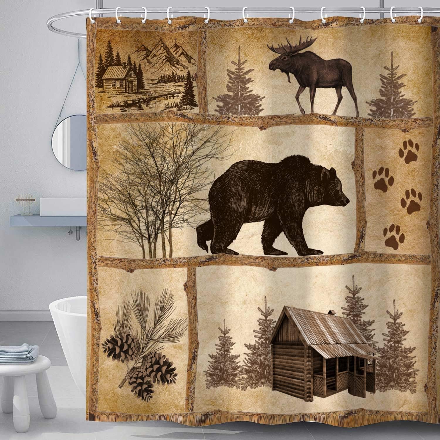 Rustic Cabin Country Bear Shower Curtain Set with Rugs
