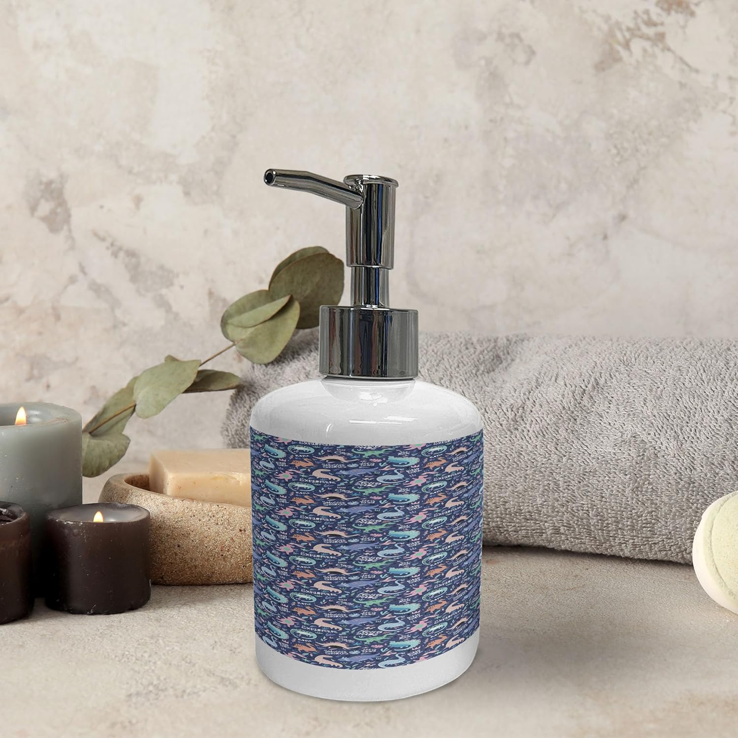 Ambesonne Dinosaur Collection - Ceramic Toothbrush Holder Soap Dispenser Set