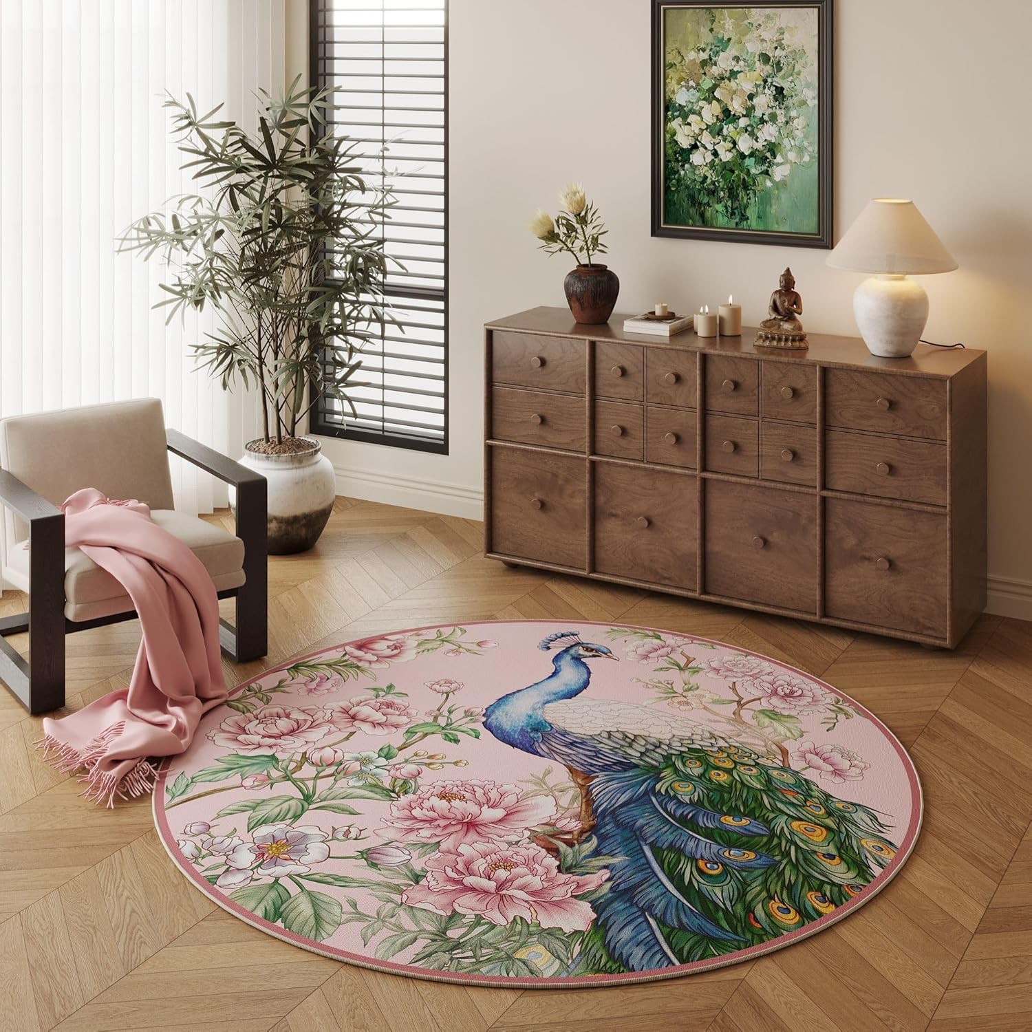 Vowkten 4ft Round Washable Rug Peacock Pattern Non-Slip