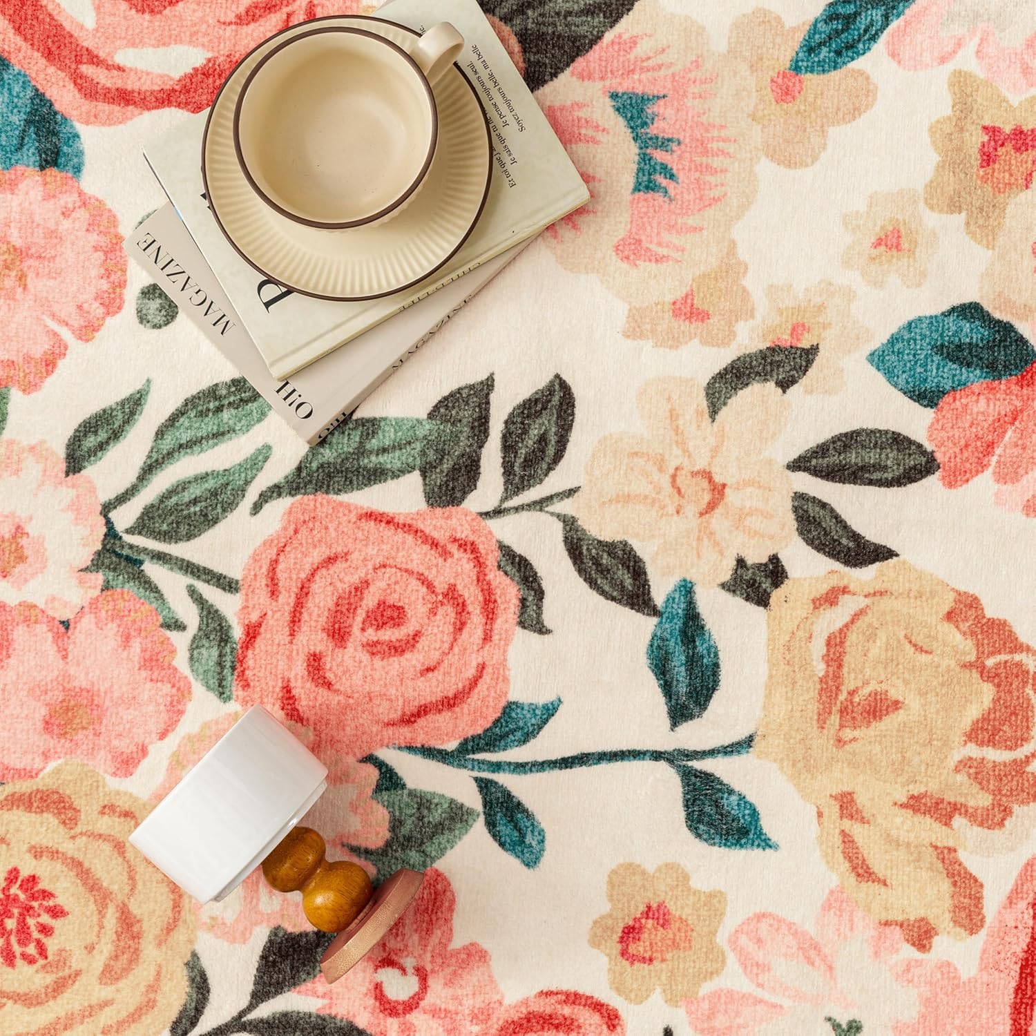 PureCozy Washable Floral 5x7 Area Rug Beige