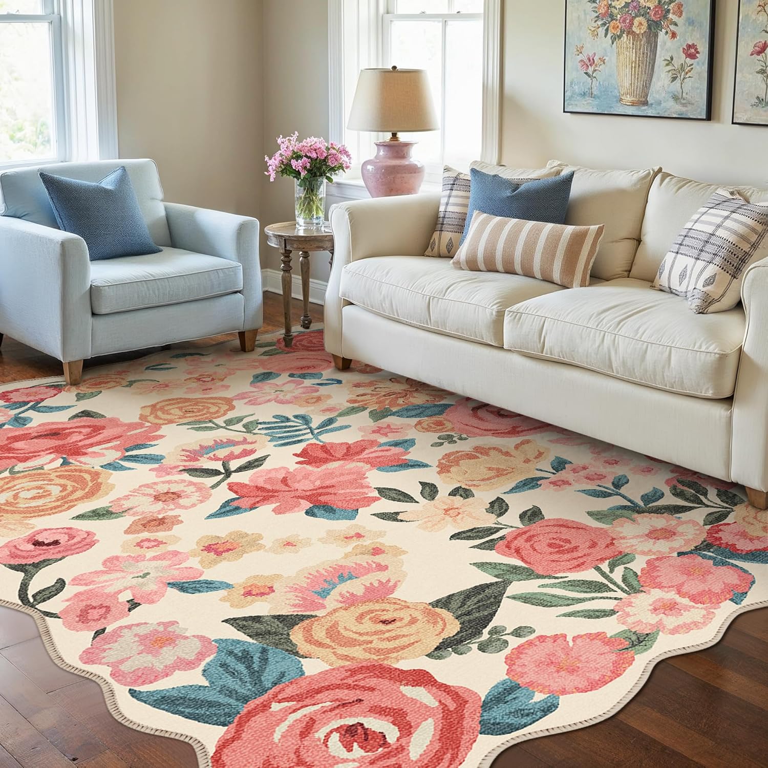 PureCozy Washable Floral 5x7 Area Rug Beige