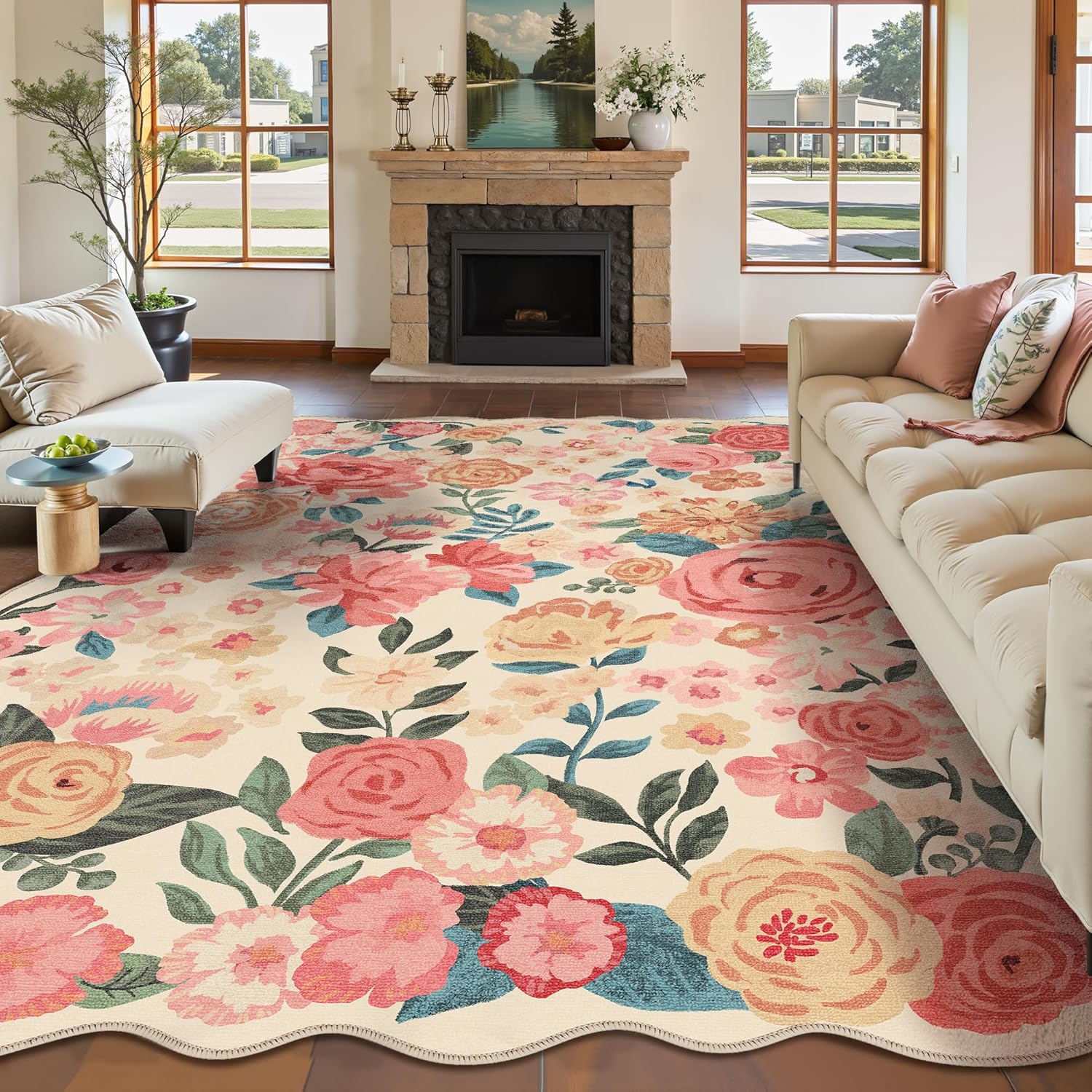 PureCozy Washable Floral 5x7 Area Rug Beige