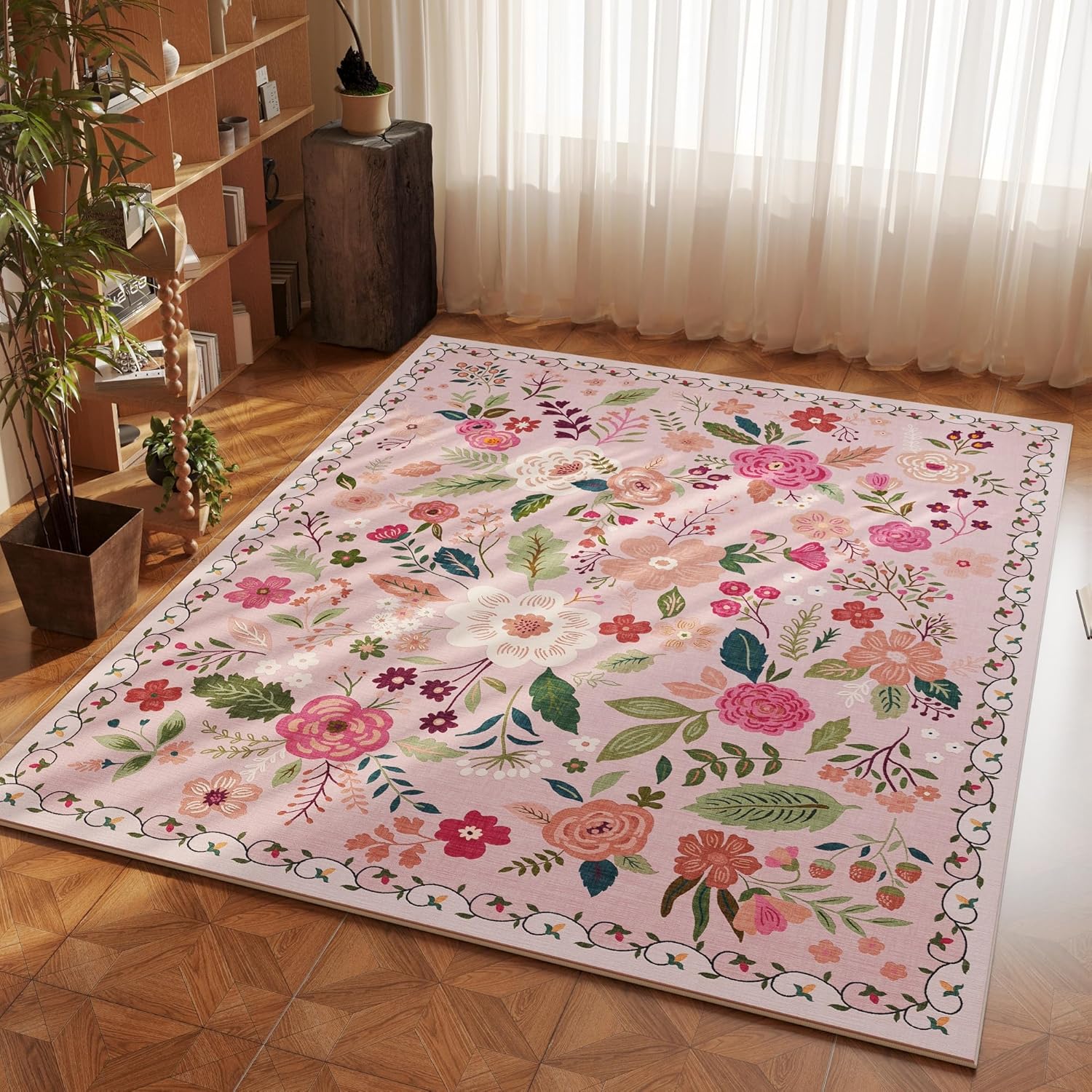 Washable 4x6 Boho Non-Slip Soft Area Rug Pink Living Room