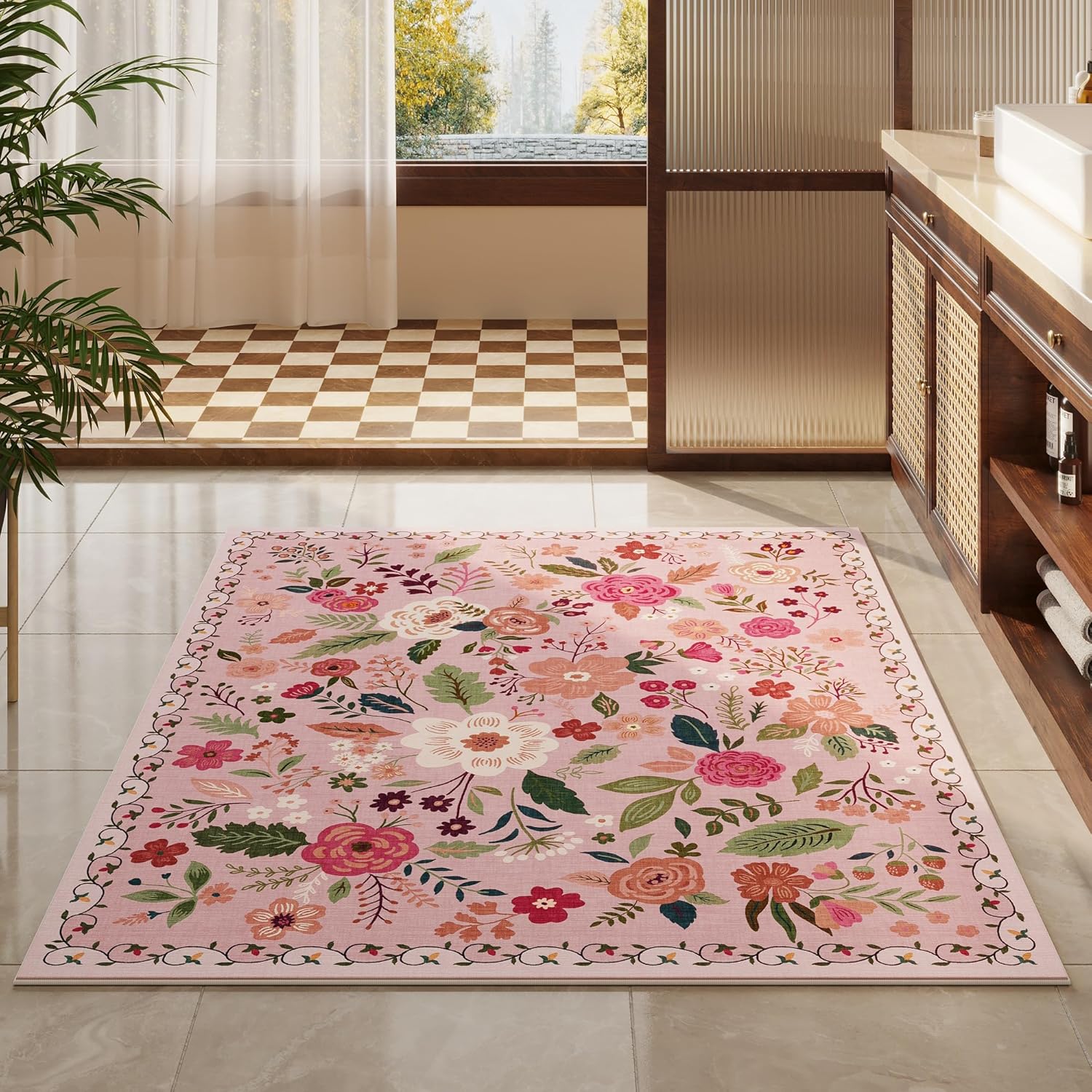 Washable 4x6 Boho Non-Slip Soft Area Rug Pink Living Room