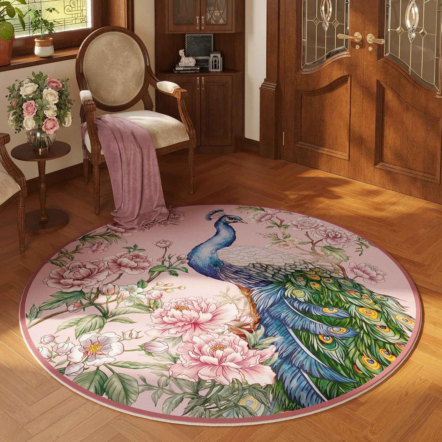 Vowkten 4ft Round Washable Rug Peacock Pattern Non-Slip