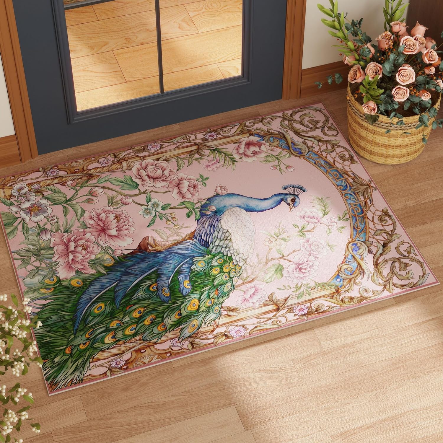 Vowkten 4ft Round Washable Rug Peacock Pattern Non-Slip