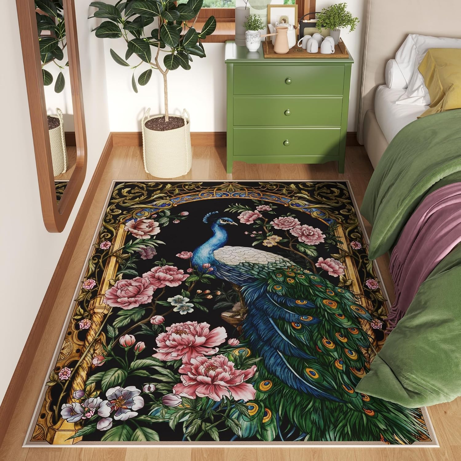 4 Ft Washable Peacock Rug Non-Slip for Home