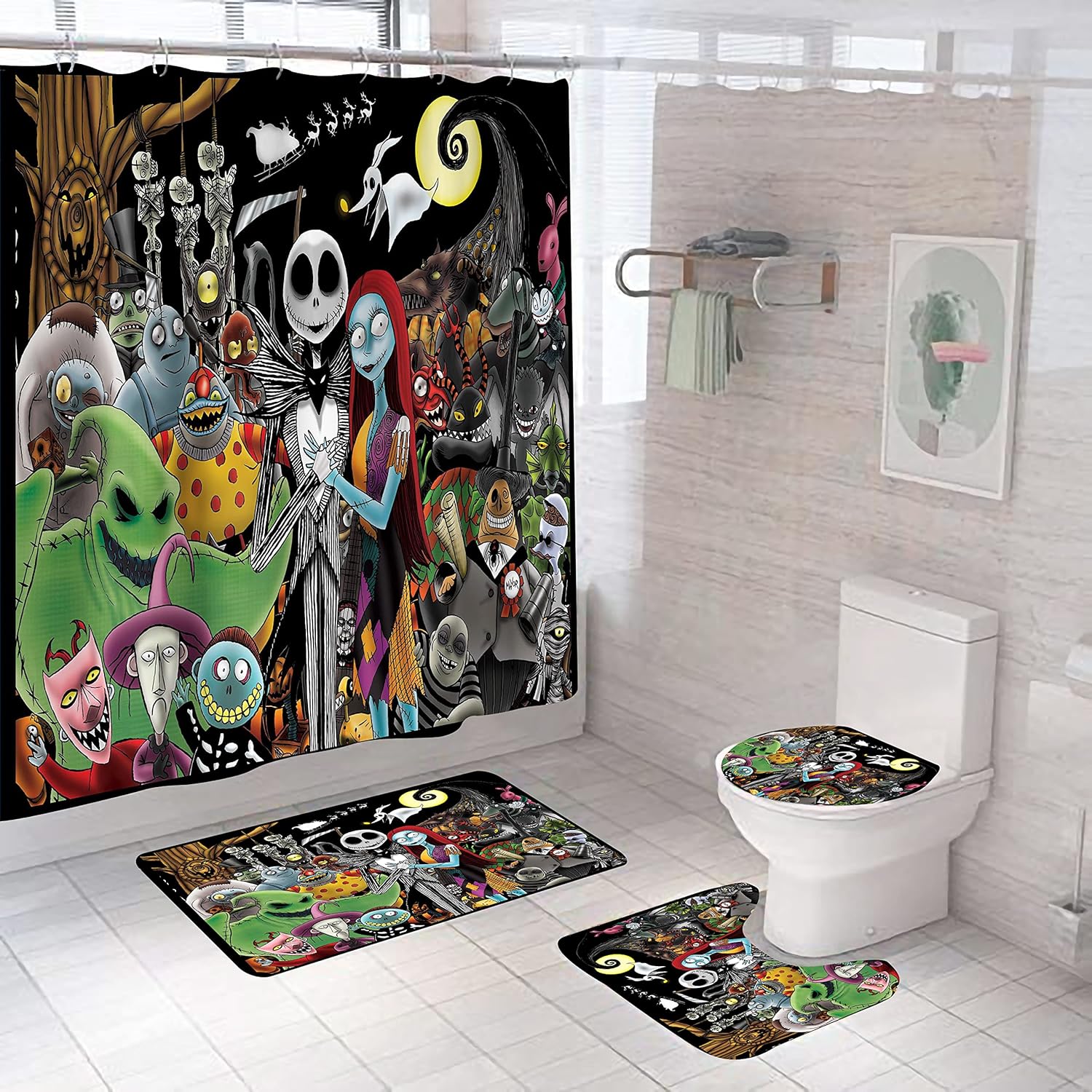 4-Piece Xmas Bathroom Shower Set with 12 Hooks