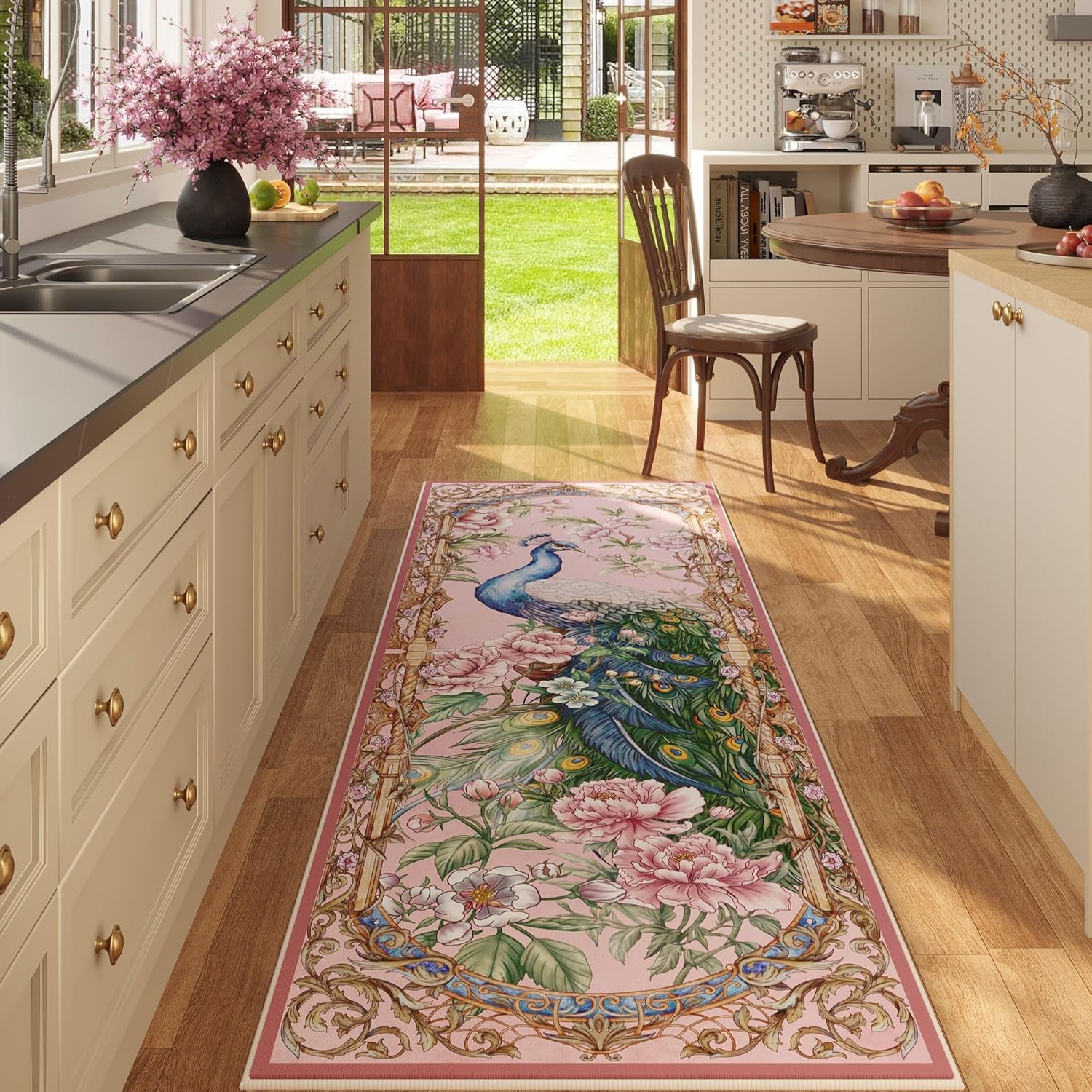 Vowkten 4ft Round Washable Rug Peacock Pattern Non-Slip