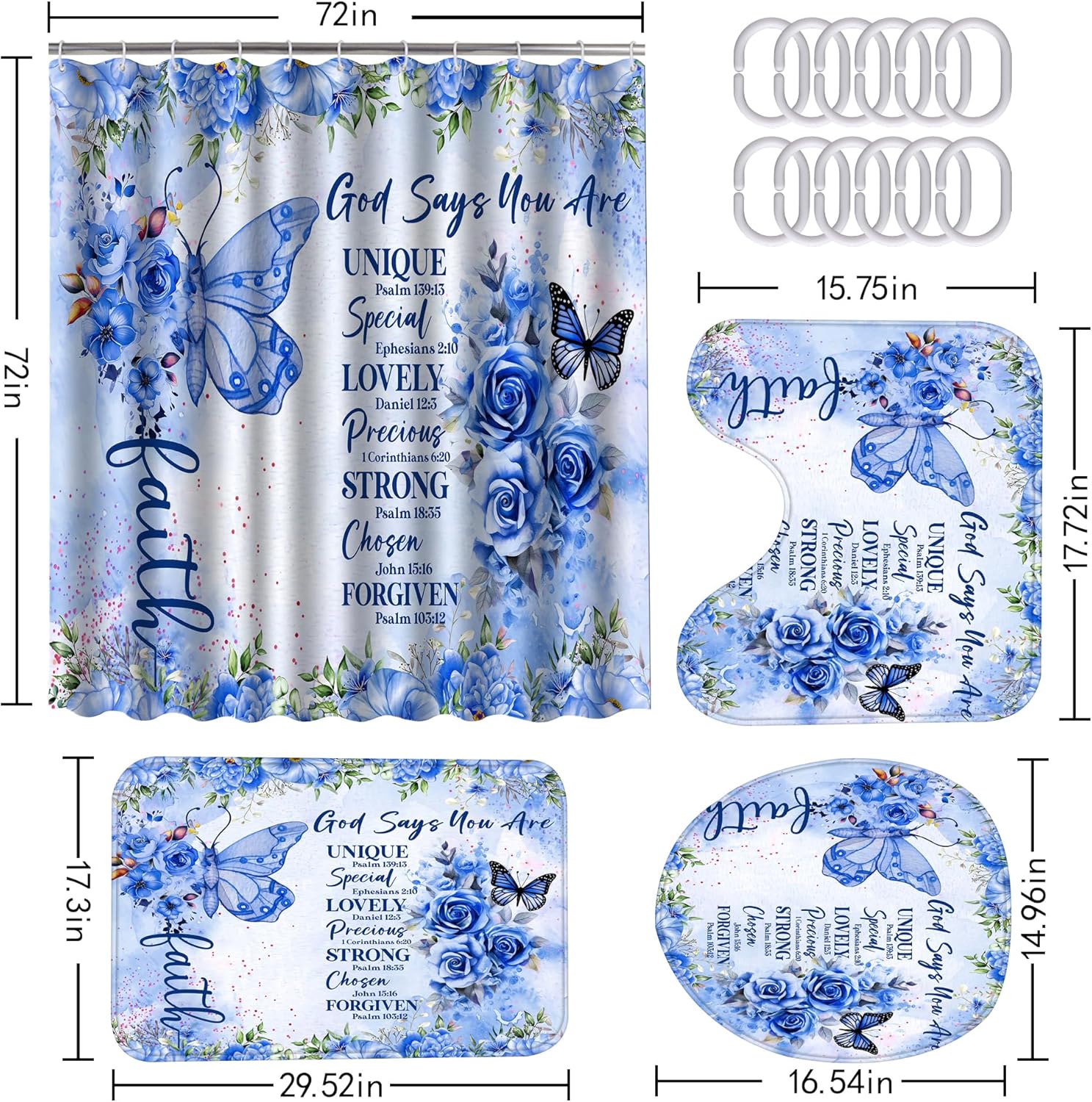EMHOMEBlue Butterfly Inspirational Quotes 4-Piece Bathroom Set with Rugs Cover Mat