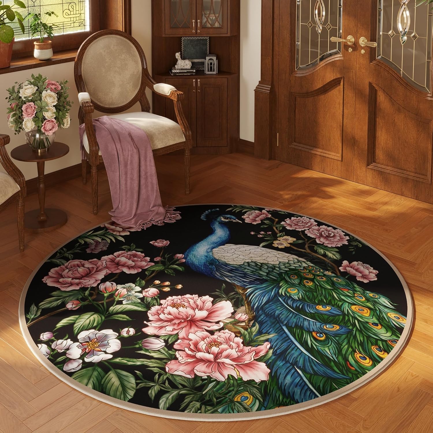 4 Ft Washable Peacock Rug Non-Slip for Home