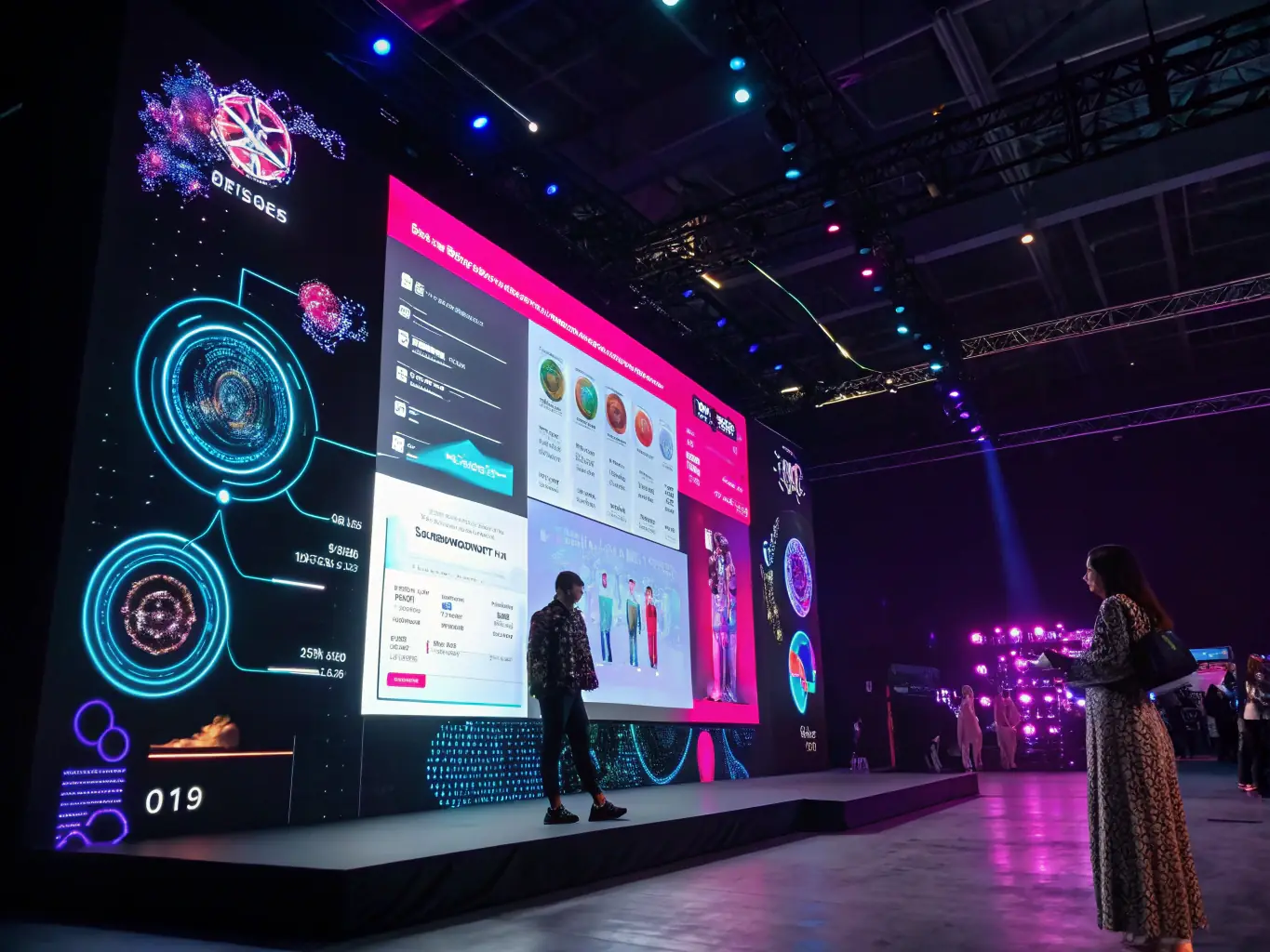 A futuristic e-commerce interface with interactive product displays and customer analytics dashboards, illustrating e-commerce platform revamp.