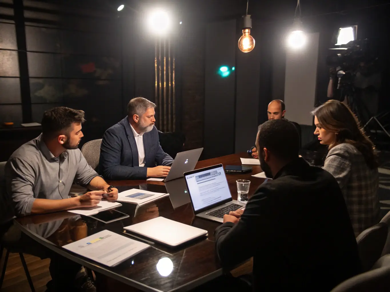An image showcasing a team of consultants working on a digital transformation strategy with a client, using laptops and discussing data analytics on a whiteboard.