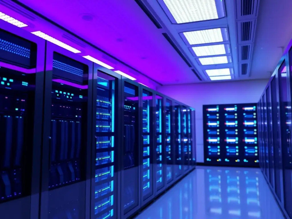 A secure cloud server room with glowing blue lights and data streams, representing cloud migration and data security.