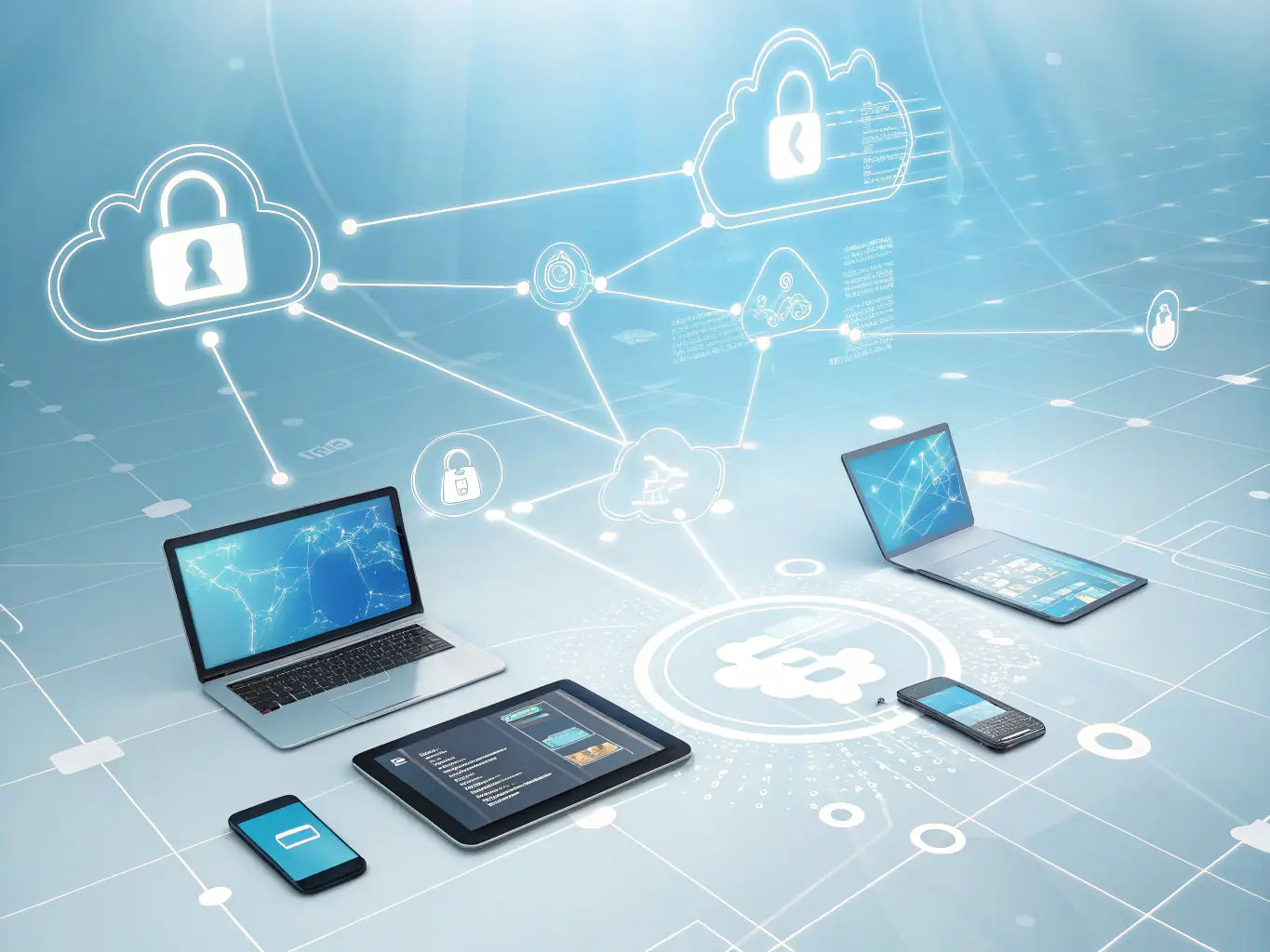 An image depicting a secure cloud environment with data flowing seamlessly between different devices, representing cloud migration services.