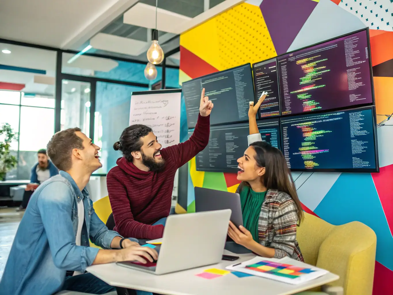 An image illustrating a team collaborating on a software development project, showcasing agile methodologies and innovative coding practices.
