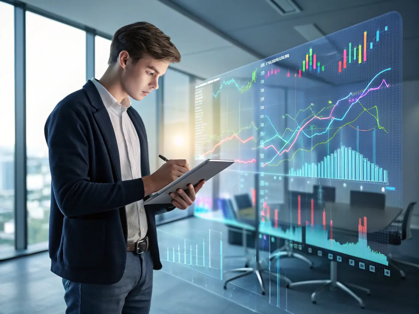 A consultant in a modern office setting, analyzing data on a tablet with a holographic display showing business growth charts, symbolizing digital transformation consulting.